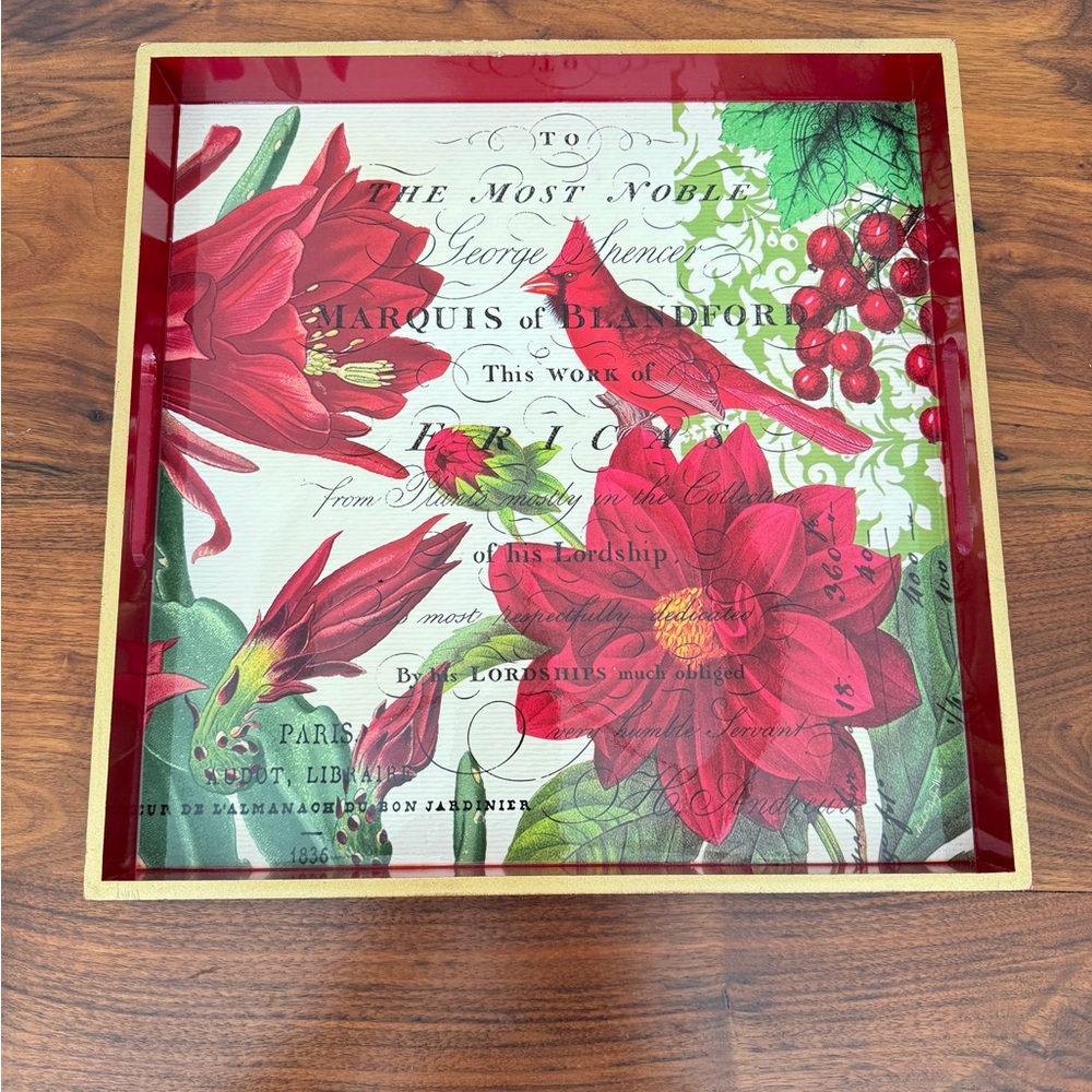 Vintage Michel Decoupage Wooden Tray: Tuscan Grove, Bird，Amaryllis & Cardinals